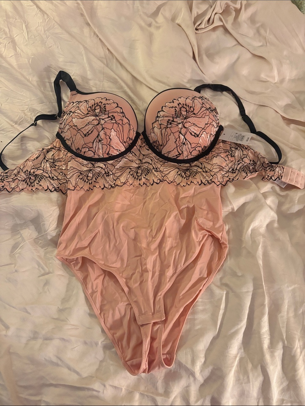 Auden Pink Lace-Trim Bodysuit with Black Accents